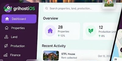 grihostiOS dashboard — properties, production units and rent collection at a glance
