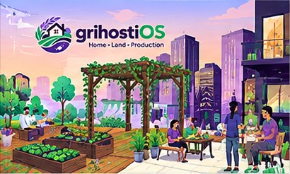 People gathering on a rooftop terrace garden between city buildings