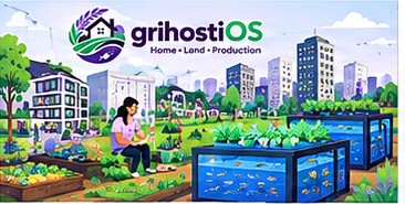 A woman tending aquaponics beds beside city buildings